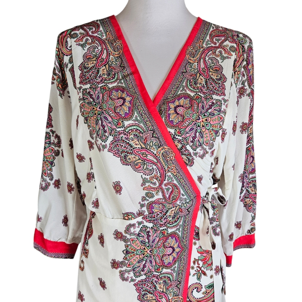 Zara Pink Paisley Floral Print Wrap Mini Dress Sz M Tie Waist Feminine Flirty - Picture 4 of 16